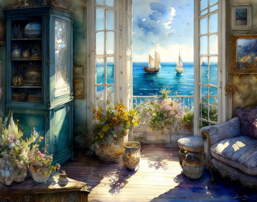 Vintage Room Overlooking Sea with Bookshelf, Sofa, Flowers, and Sailing Ships