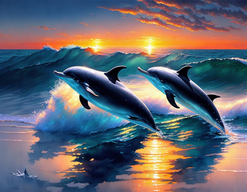 Vibrant sunset scene: Dolphins leaping over ocean waves