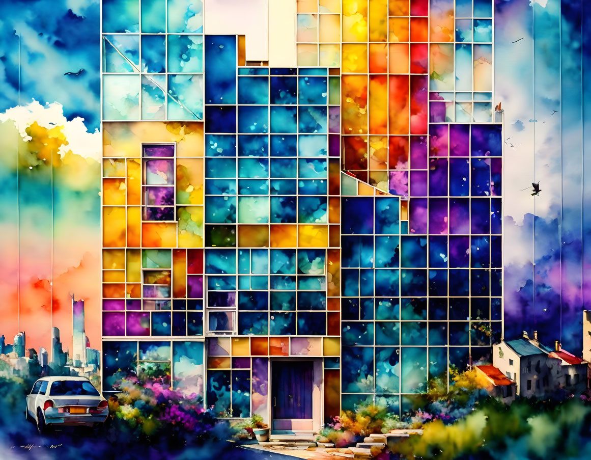 Colorful Watercolor Painting of Modern Building and Cityscape