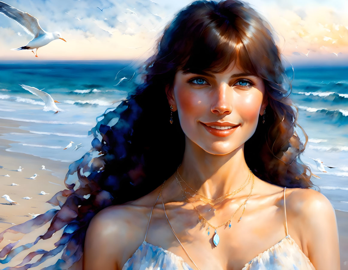 Smiling woman with blue eyes and curly hair by the ocean