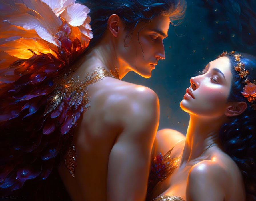 Digital Artwork: Woman and Man with Ethereal Wings in Soft Glow