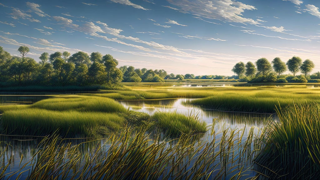 Tranquil Wetlands: Green Reeds, Blue Sky, Reflecting Waters