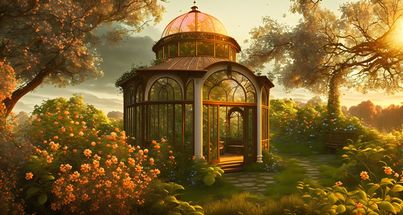 Tranquil garden with glass-domed gazebo at sunset