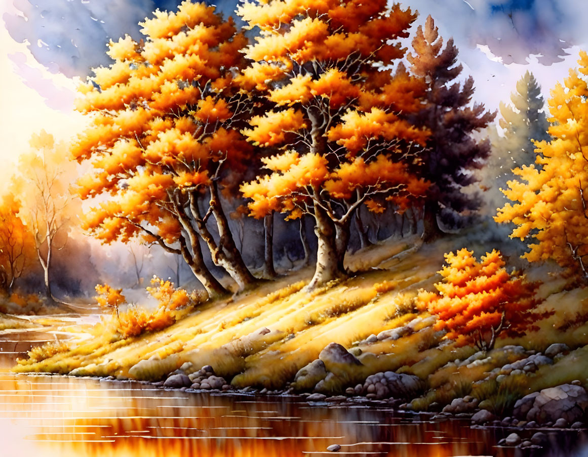 Tranquil autumn scene with golden trees reflected in calm lake