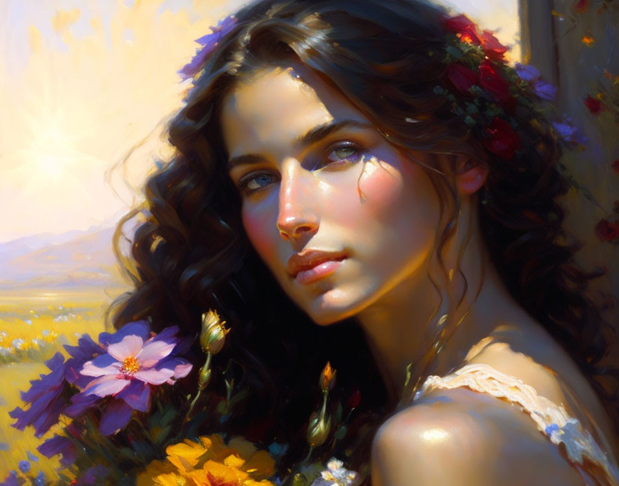 Woman with Floral Crown in Sunlit Landscape