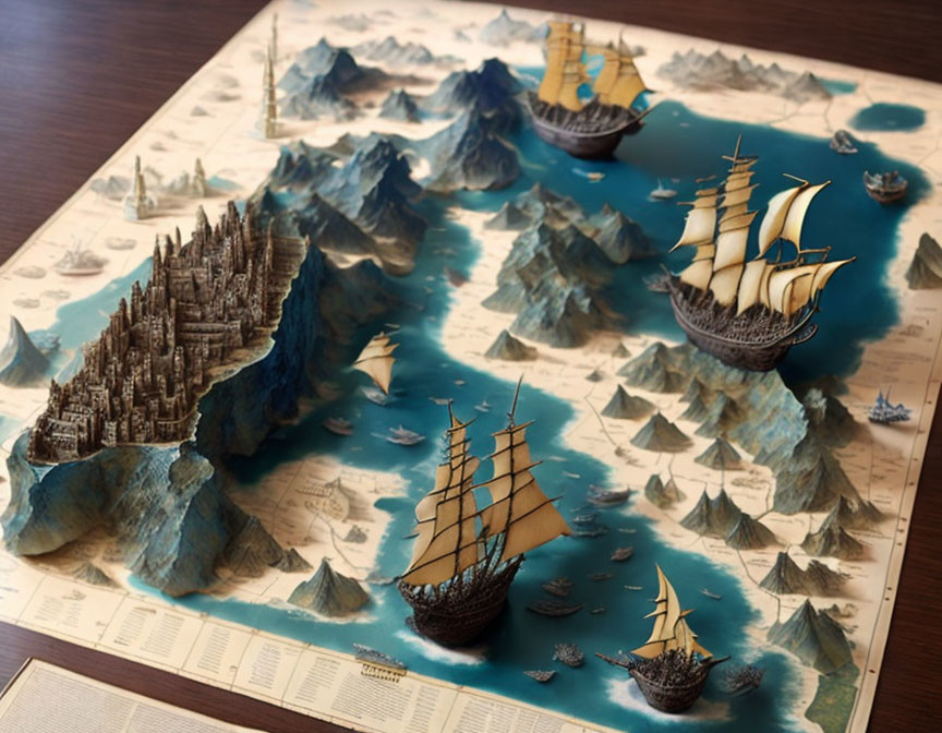 Fantasy 3D nautical map: raised mountains, sailing ships, and fortified city.