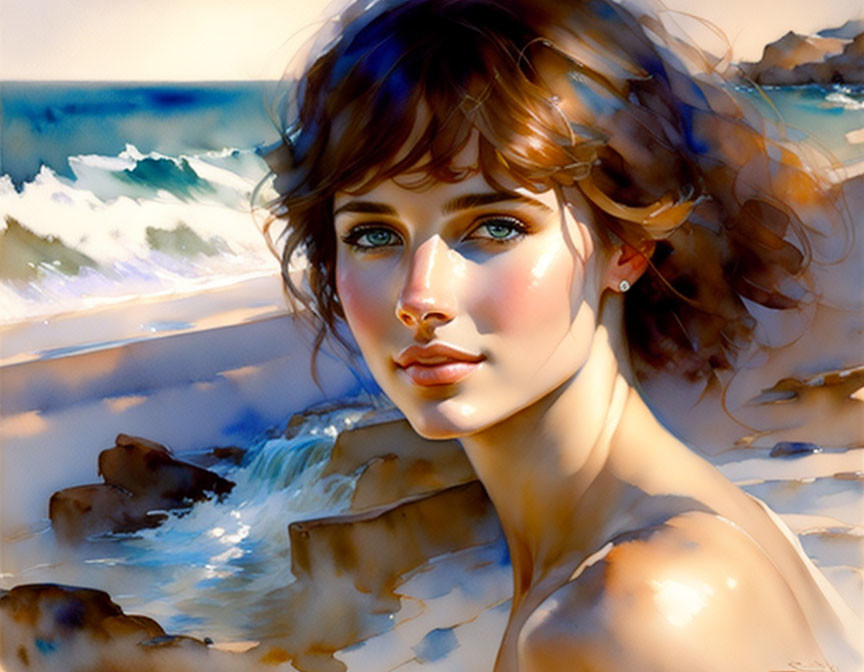 Woman's Portrait with Blue Eyes & Brown Hair on Serene Beach Background