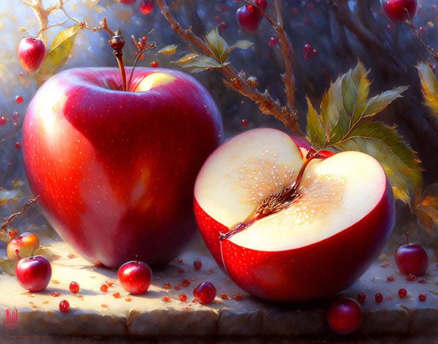 Hyper-realistic painting of ripe red apple and halved counterpart with seeds, surrounded by miniature apples and