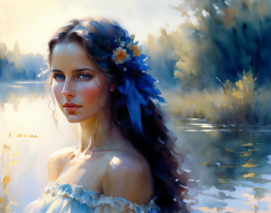 Woman with Blue Flowers in Hair, Serene Gaze, Sunlit Waterbody & Foliage