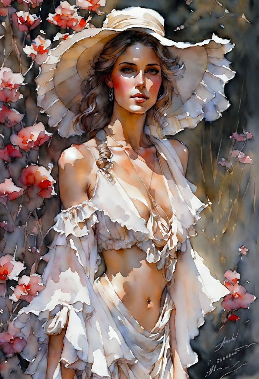 Woman with braided hairstyle in wide-brimmed hat and off-shoulder dress among red flowers