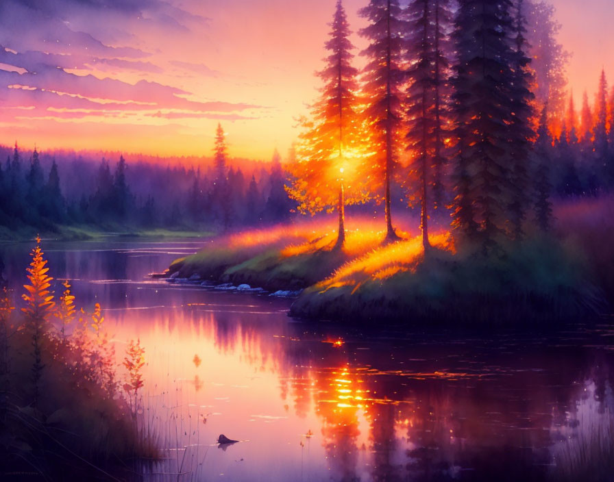 Tranquil sunset over still lake with pine trees and purple-pink skies