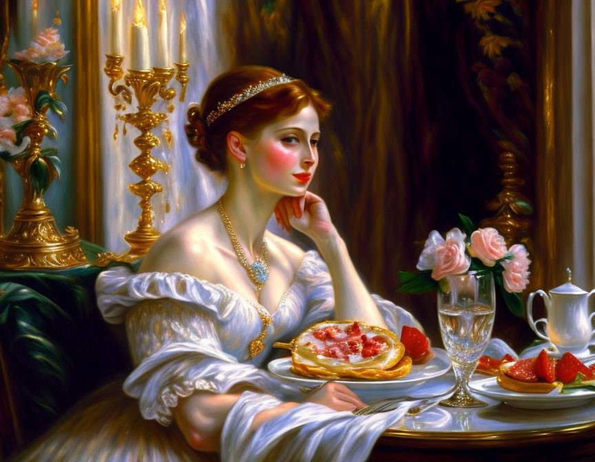 Luxurious setting with regal woman, roses, candle, strawberries, waffles