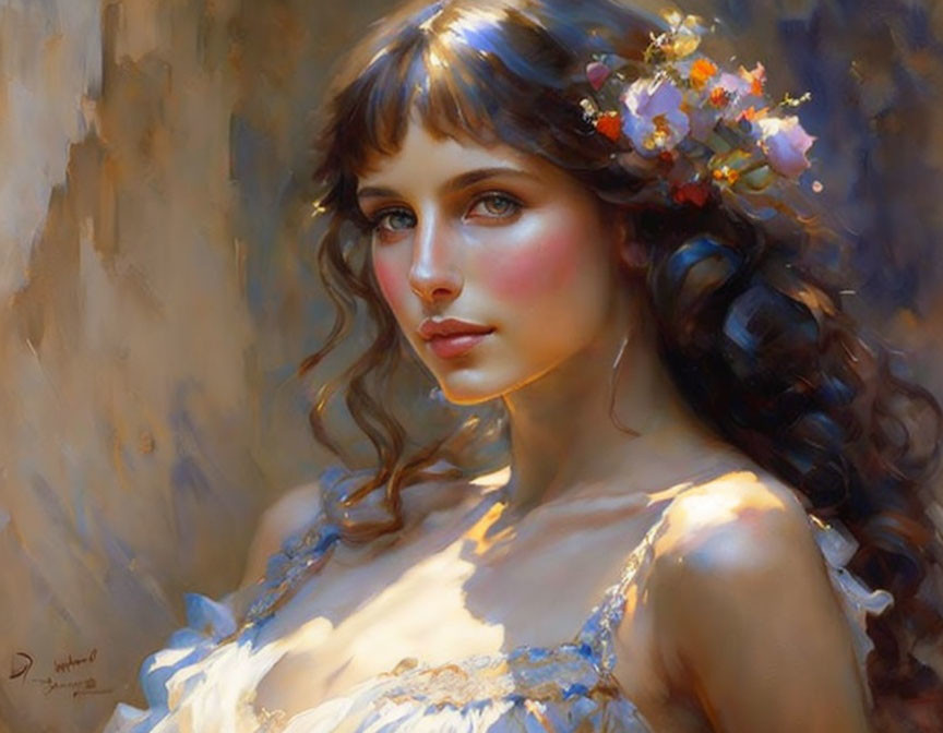 Portrait of a young woman with curly hair and floral headpiece in soft gaze