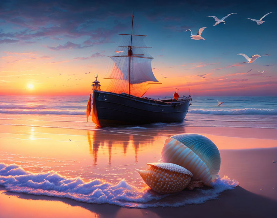 Tranquil sunset beach scene with sailboat, seagulls, and seashell.