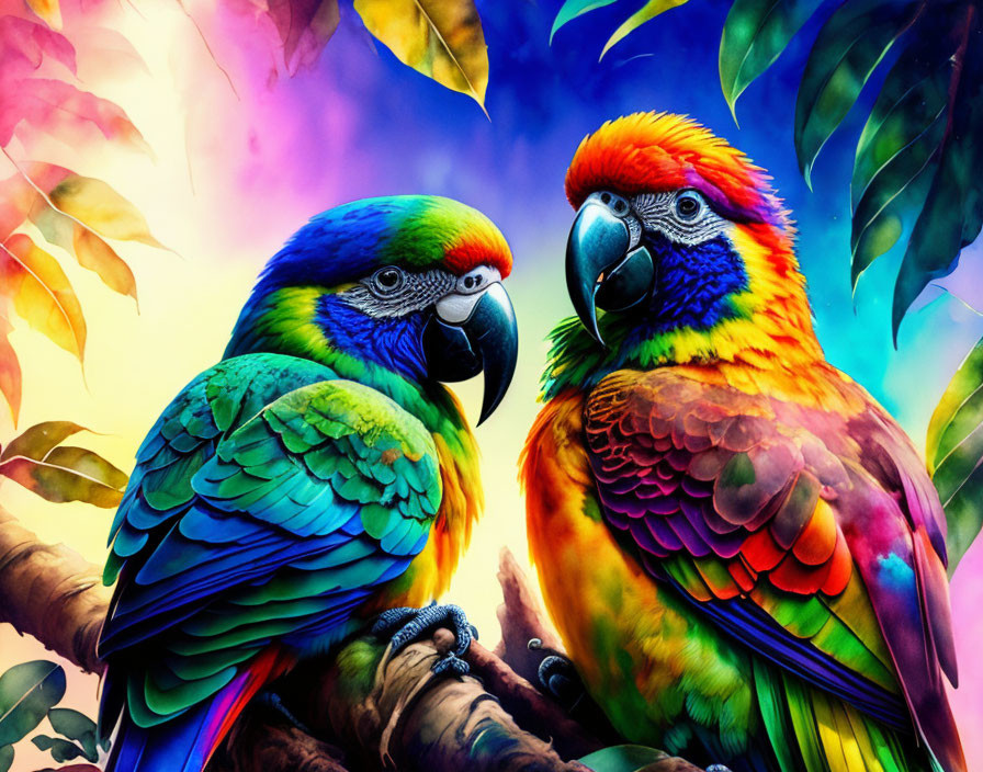 Colorful Parrots Perched on Branch with Multicolored Leaves