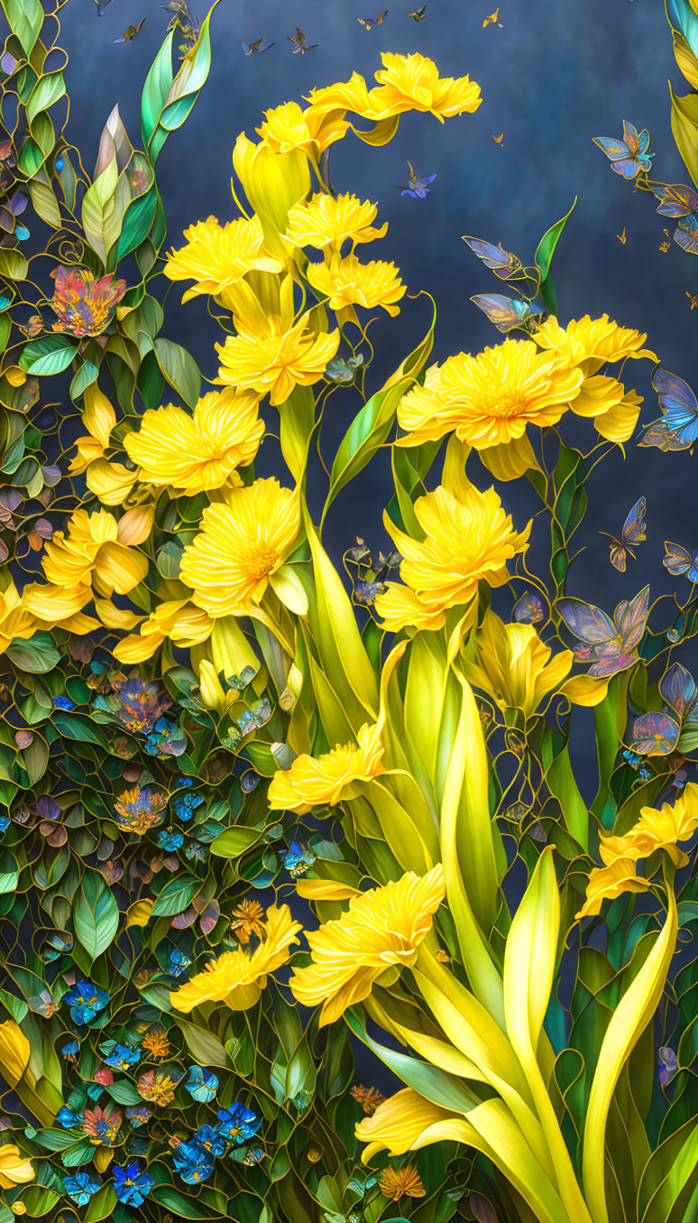 Bright yellow flowers and butterflies on dark background