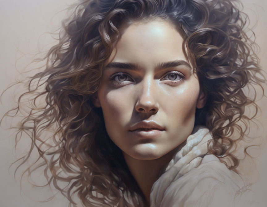 Curly-Haired Woman Portrait with Intense Gaze and Light Scarf