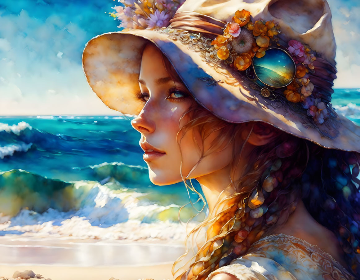 Woman with decorated hat and braided hair by ocean waves.