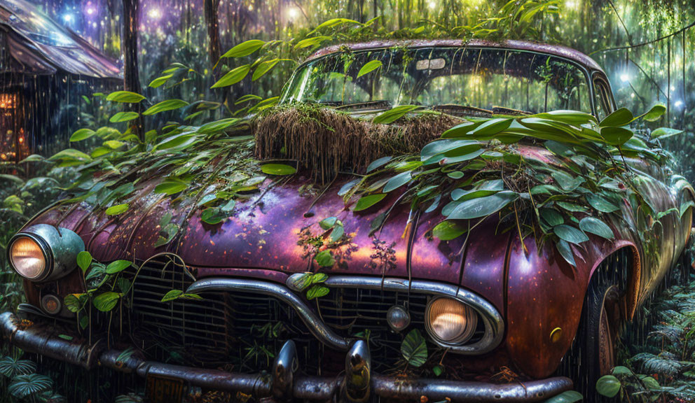 Vintage Car Covered in Plants in Mystical Forest with Soft Shimmering Lights