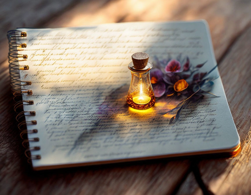 Handwritten text on open notebook with glass bottle, pen, and flower on wooden surface