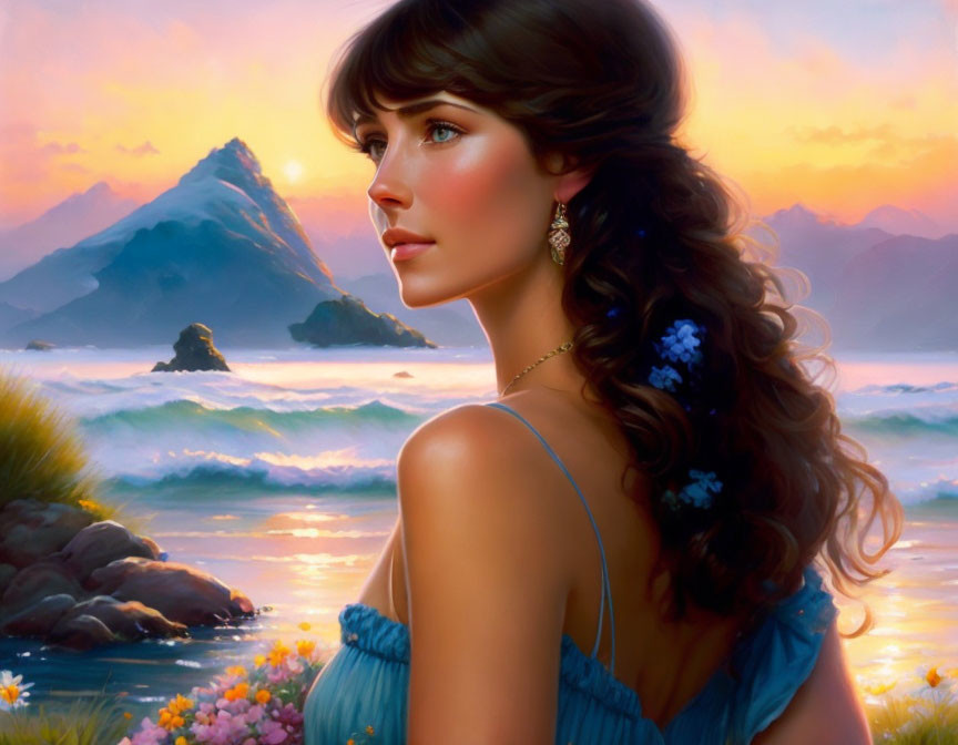 Pensive woman with long, wavy hair by sunset sea and mountains