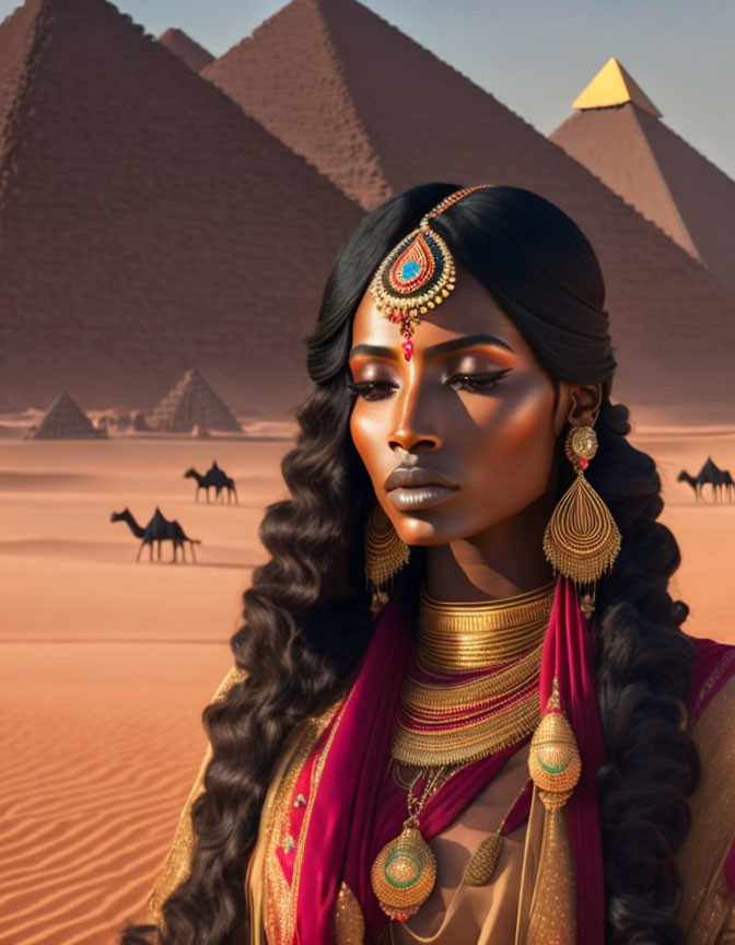 Illustrated woman with gold jewelry in desert with pyramids and camels