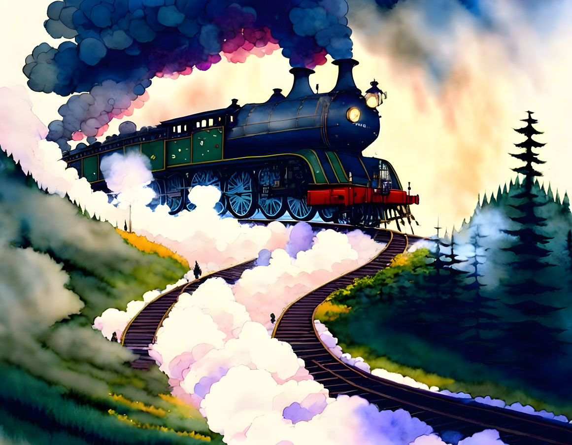 Vintage steam locomotive on curved railway in colorful landscape