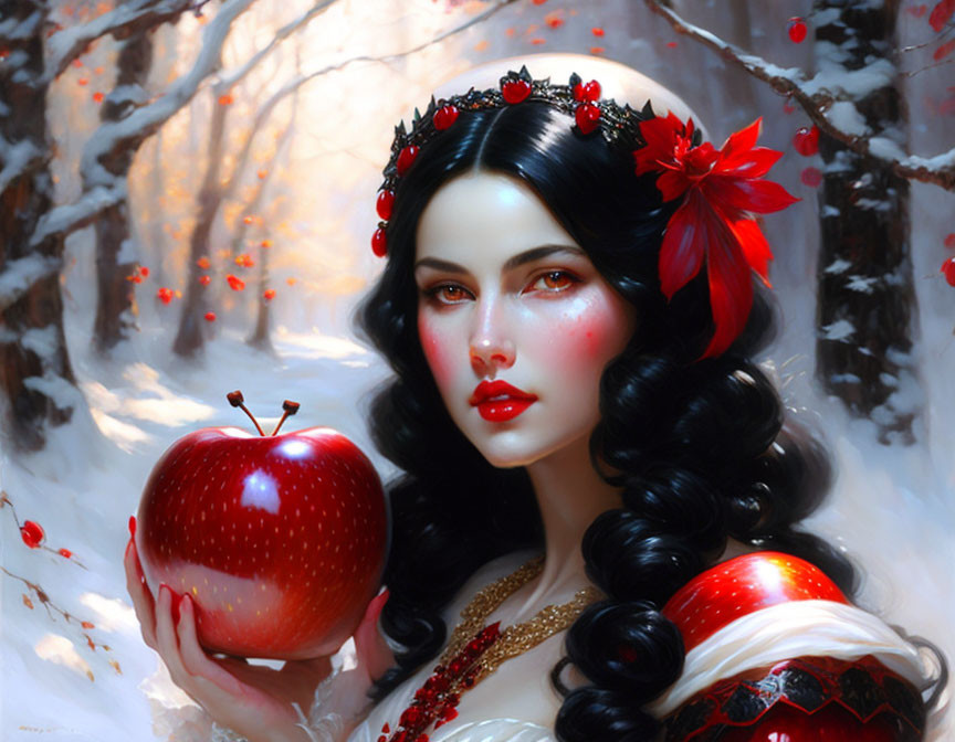 Pale-skinned woman with red floral crown holding apple in snowy forest setting