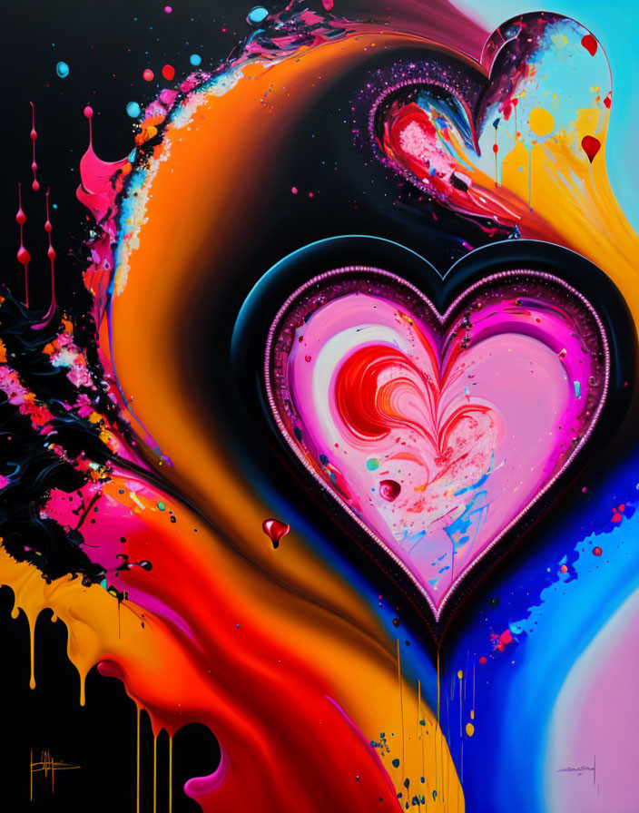 Vivid Abstract Painting with Swirling Shapes and Heart Motifs