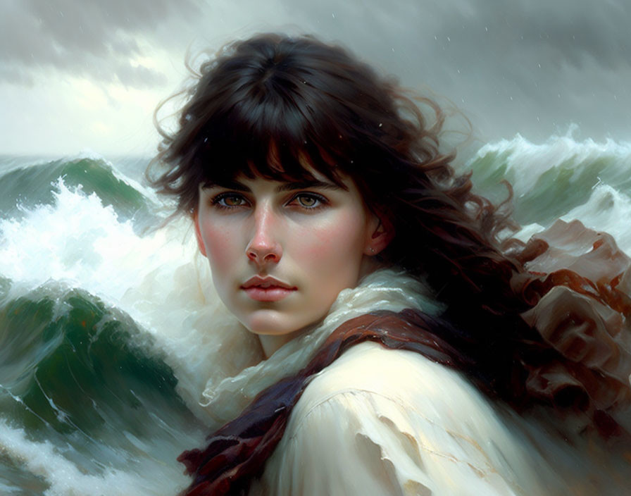 Portrait of Woman in Cloak with Dark Hair and Blue Eyes by Stormy Sea