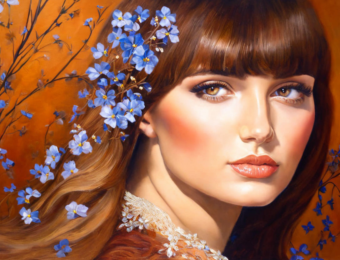 Portrait of Woman with Auburn Hair and Blue Flowers on Warm Orange Background