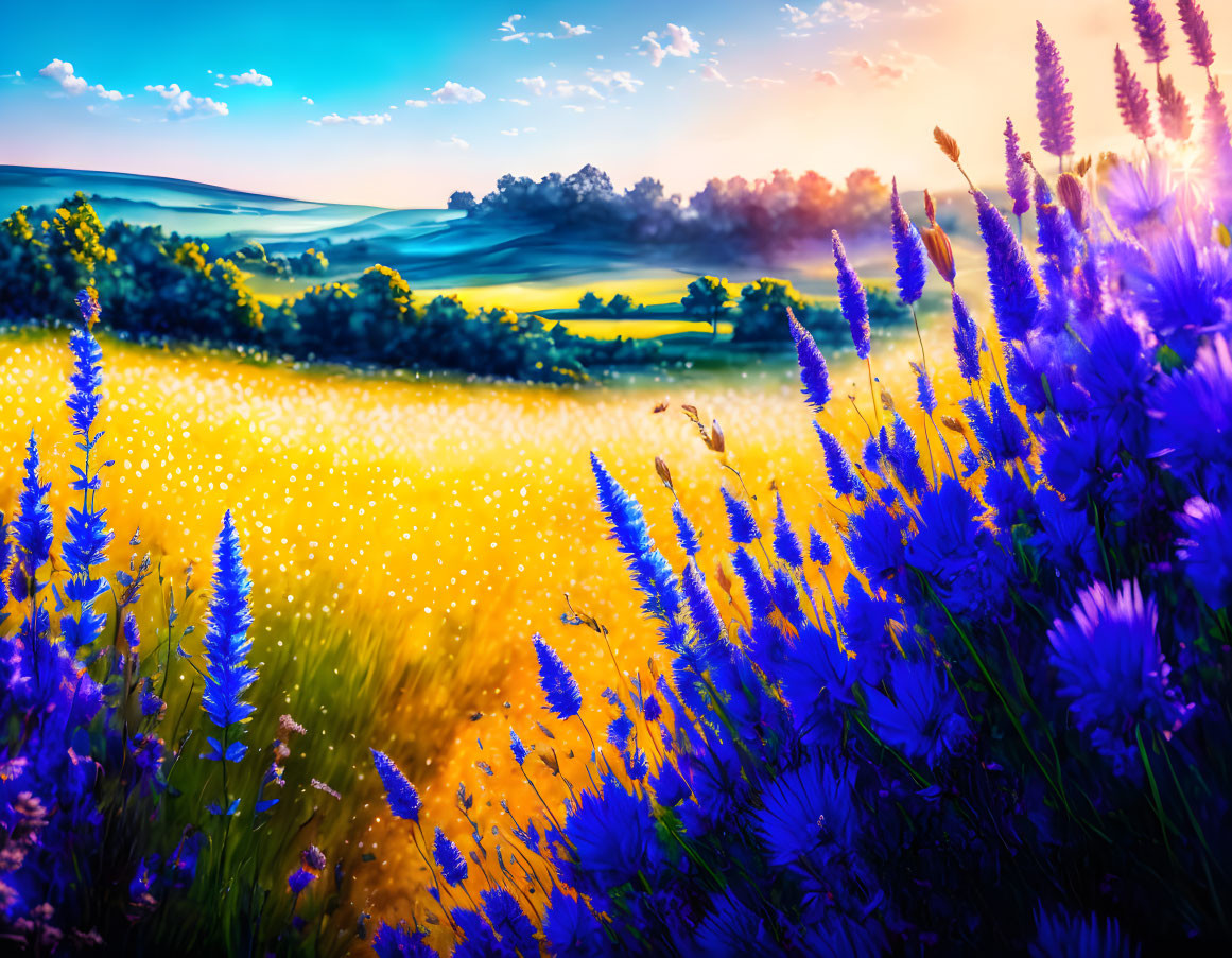 Lavender flowers, golden field, rolling hills under sunset sky