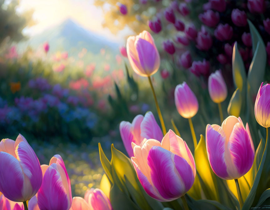 Pink and White Tulip Garden with Sunlight and Mountain View