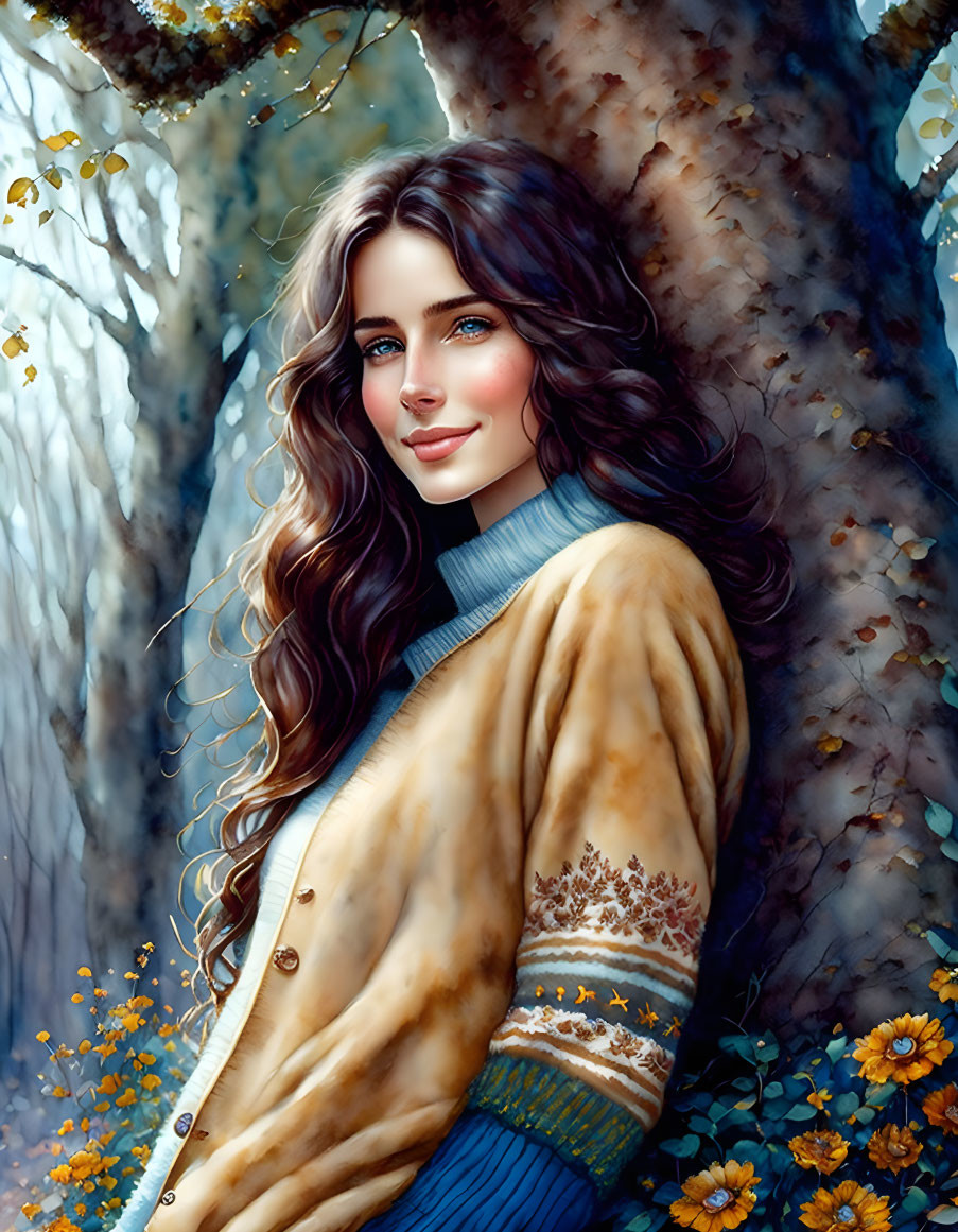 Woman with Long Wavy Hair in Sweater and Fur Coat Smiling in Autumnal Forest