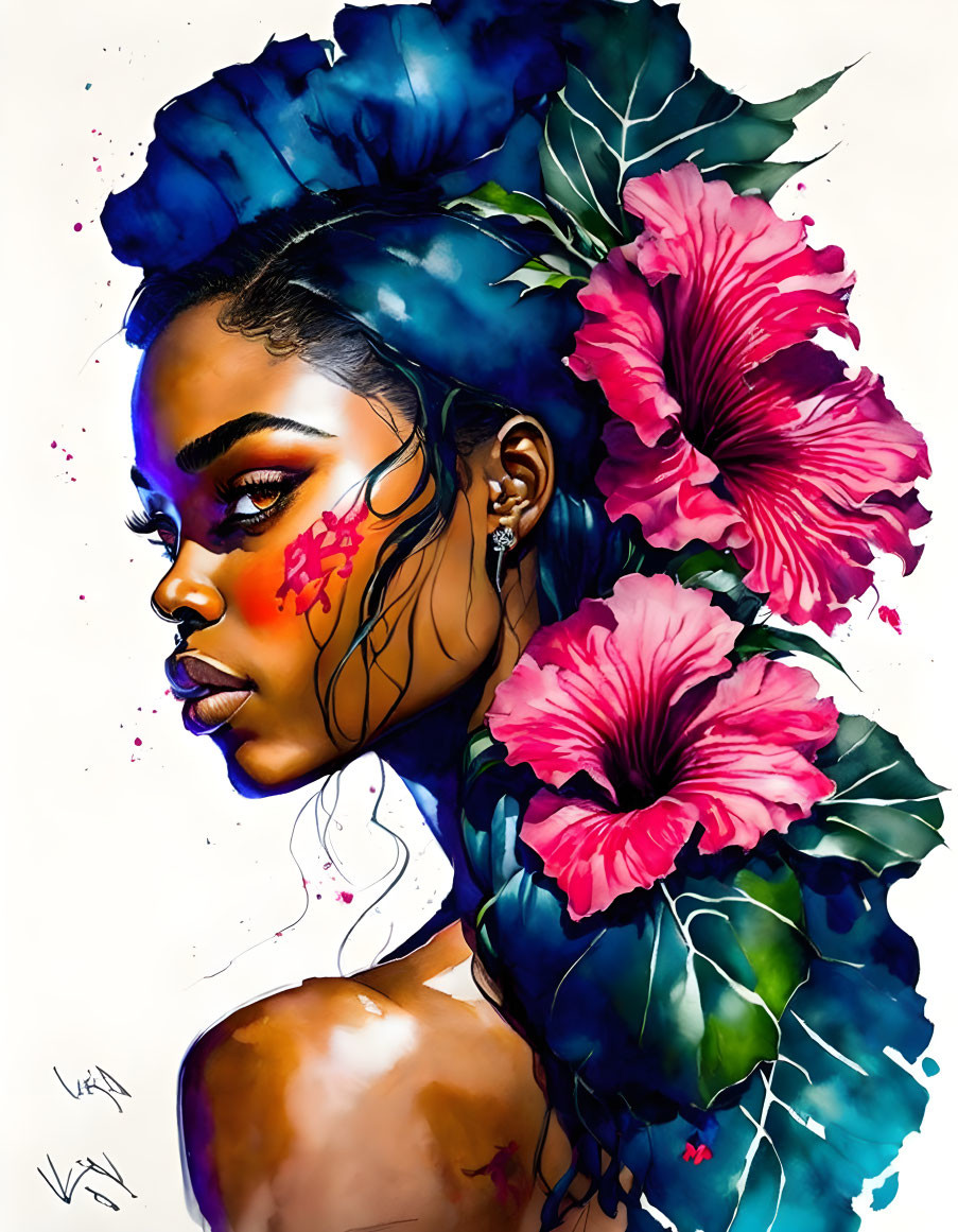 Vibrant Blue Hair Woman with Pink Flowers and Artistic Splatters