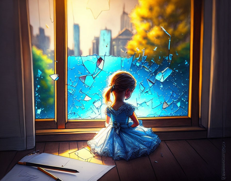 Young girl in blue dress by shattered window with city backdrop and pencil sketches.