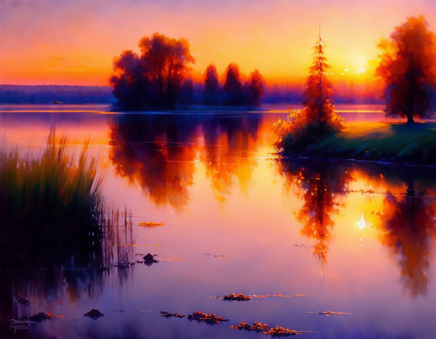 Tranquil lake reflecting vivid sunset hues and tree silhouettes in purple-orange sky