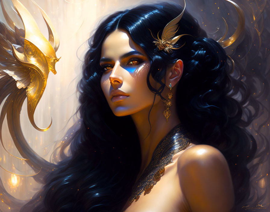 Digital artwork featuring woman with dark hair and golden jewelry and glowing bird-like creature