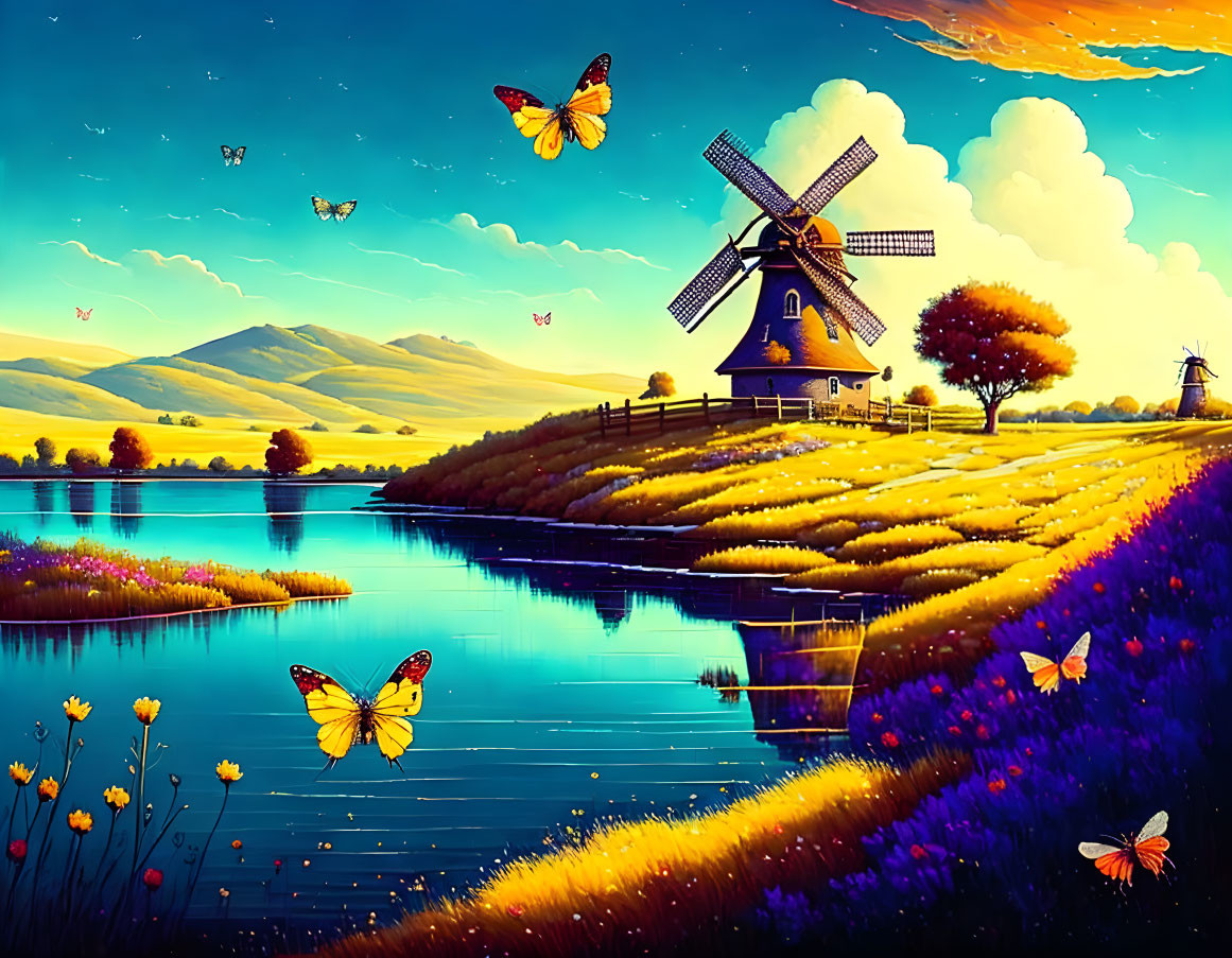 Scenic sunset landscape with windmills, river, flowers, and butterflies