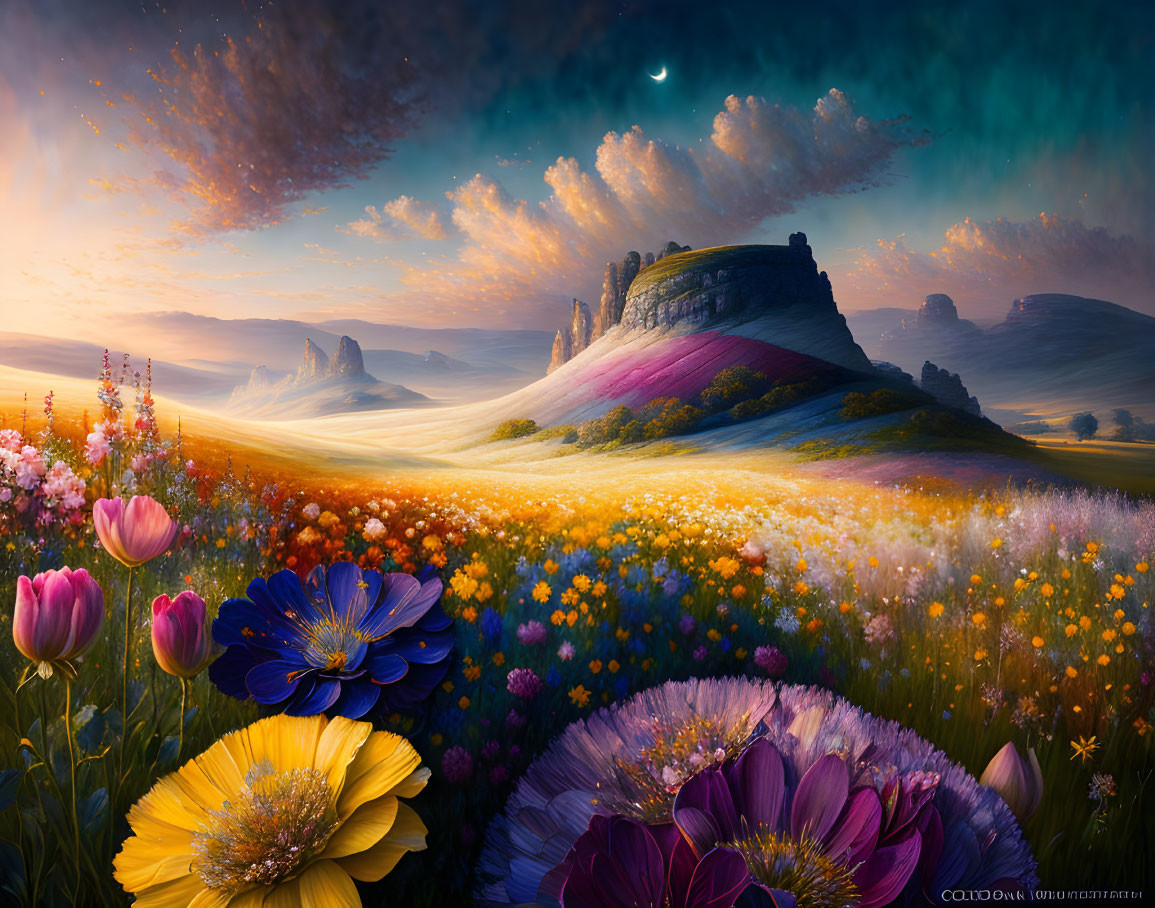 Colorful Landscape with Flowers, Hills, and Crescent Moon at Twilight