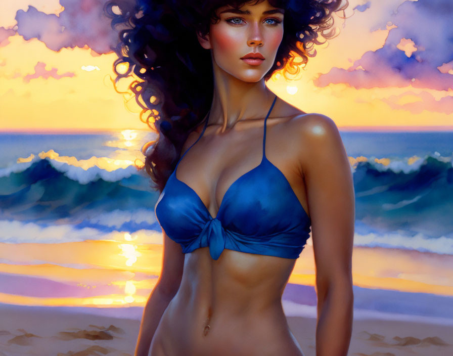 Curly Haired Woman in Blue Bikini at Beach Sunset