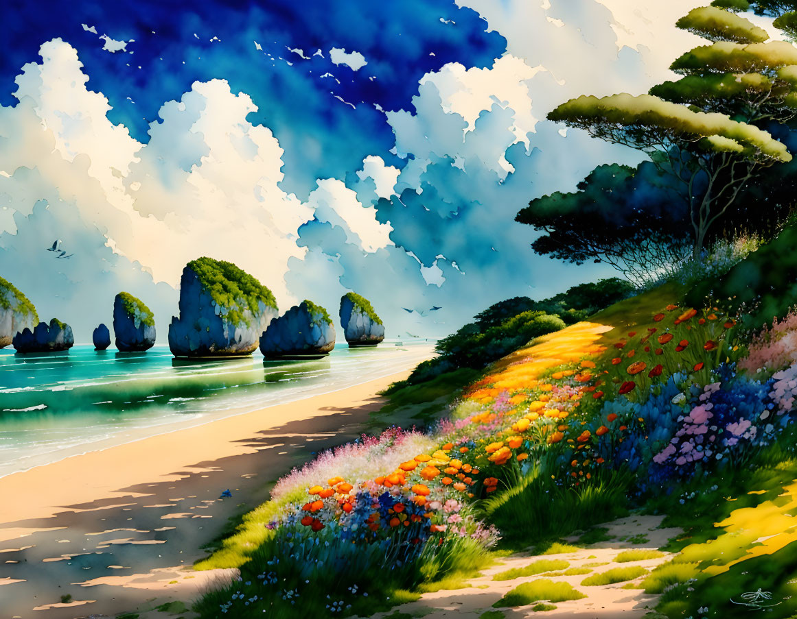 Coastal scene with flower-lined path, trees, rocks, sky, clouds