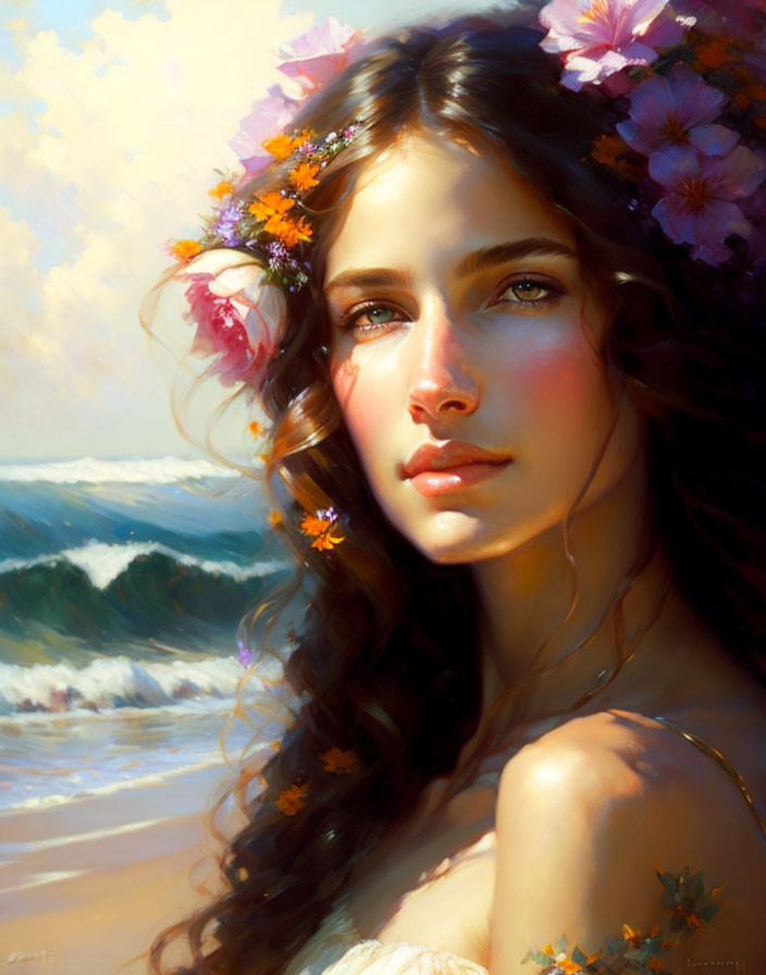 Young woman with floral hair adornments against ocean backdrop in soft sunlight