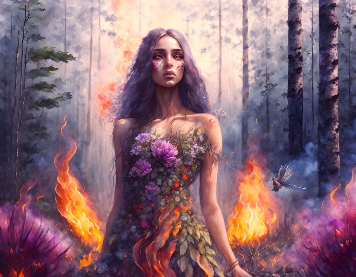 Mystical woman in flower dress in fiery forest with luminous bird