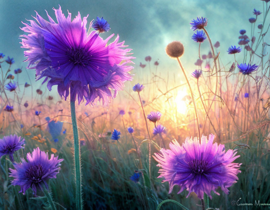 Field of Vivid Purple Flowers at Sunset