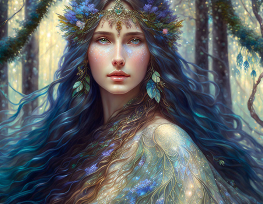 Mystical female figure with blue flowing hair in enchanted forest