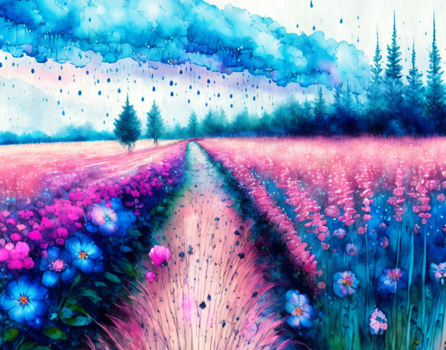 Colorful watercolor painting: flower field with path under rainy sky