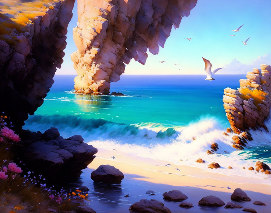 Digital artwork: Coastal arch, birds, turquoise water, waves, sandy beach, colorful flora