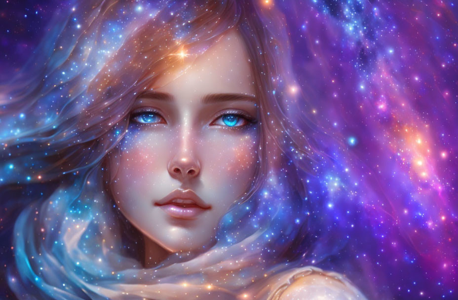 Digital illustration: Woman with deep blue eyes in cosmic theme