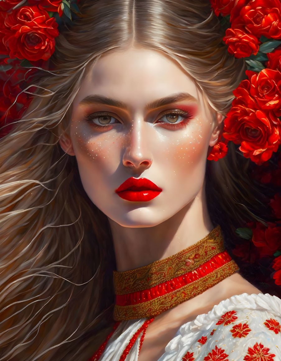 Portrait of woman with gold-speckled rosy cheeks and red lips, surrounded by red roses in